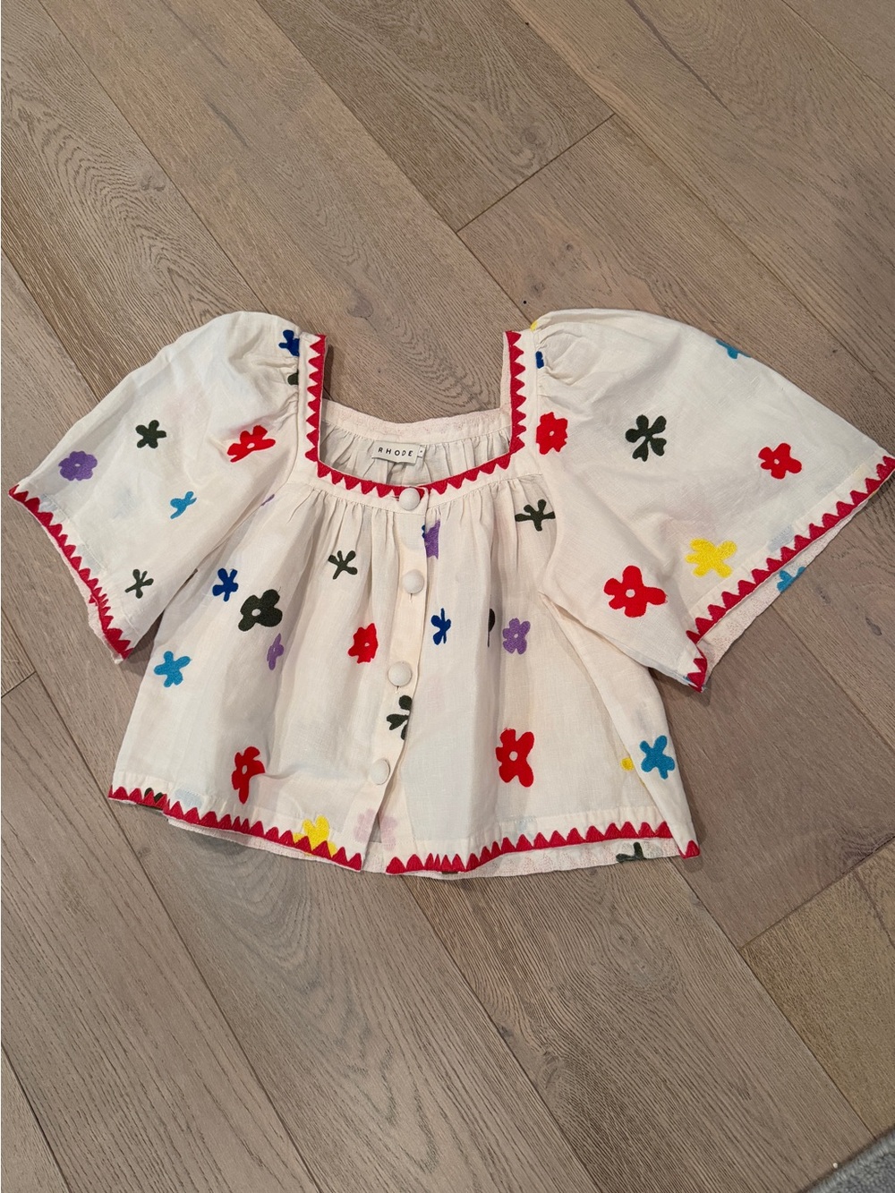 RHODE White Cropped Peasant Top with Multicolor Flower Embroidery - Picture 7 of 8